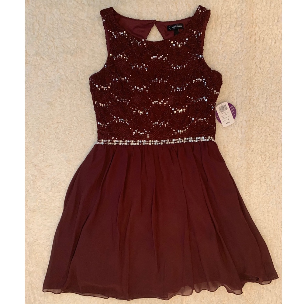 Deep plum lace, sequin & gemstone formal dress